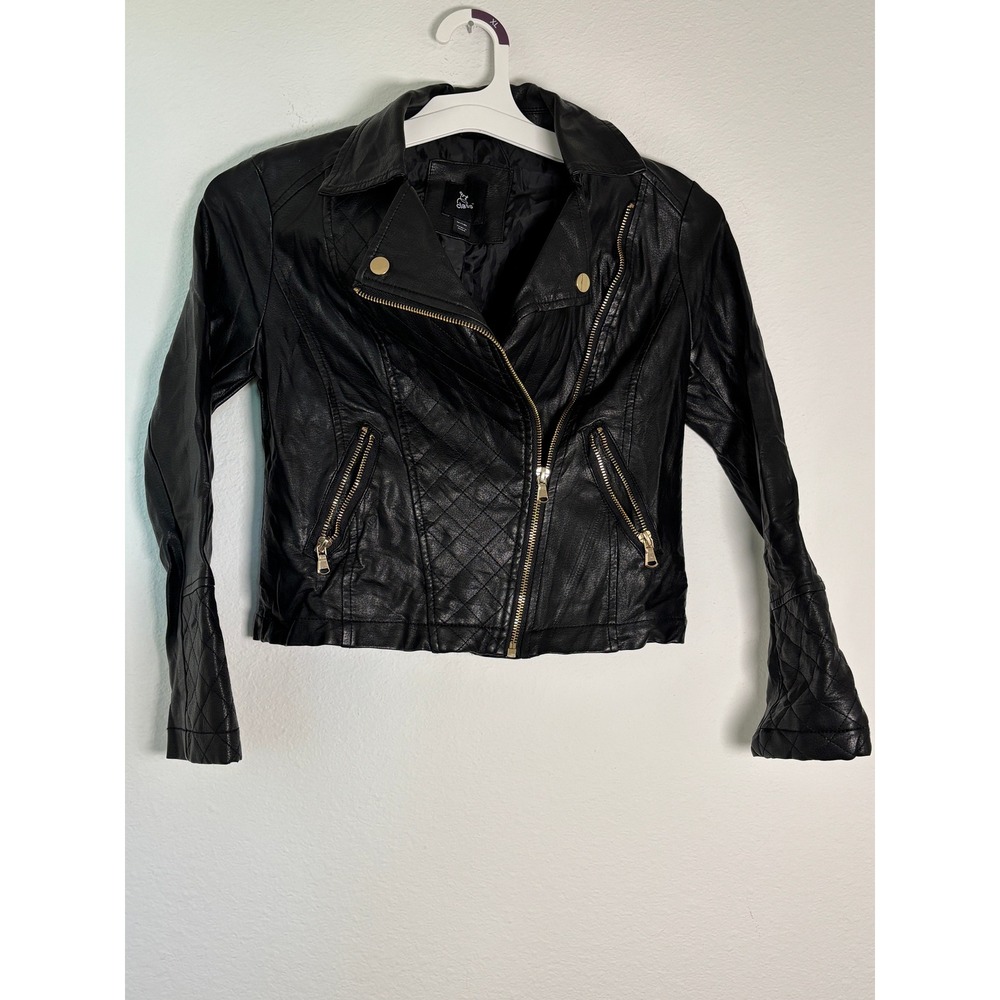 Art Class Kids Black Faux Leather Moto Jacket Quilted Biker Zip Size M 7/8